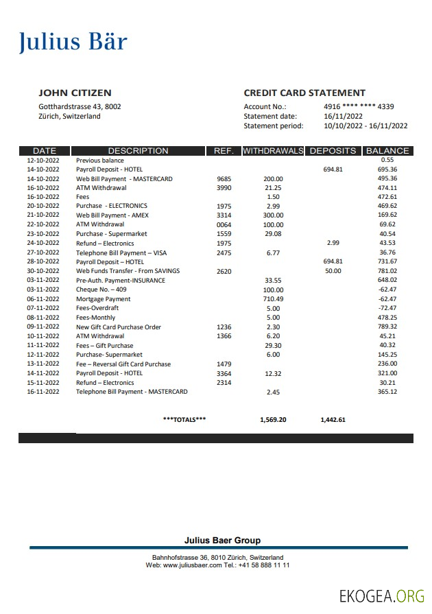 Relevé bancaire Suisse Julius Bar